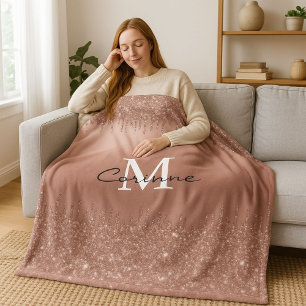 Monogram Rose Gold Dripping Glitter Metallic Name Fleece Blanket