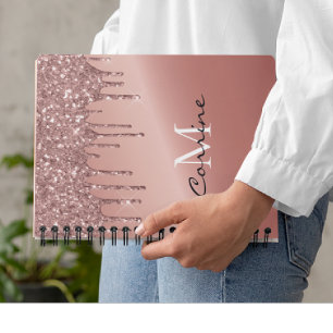 Monogram Rose Gold Dripping Glitter Metallic Notebook