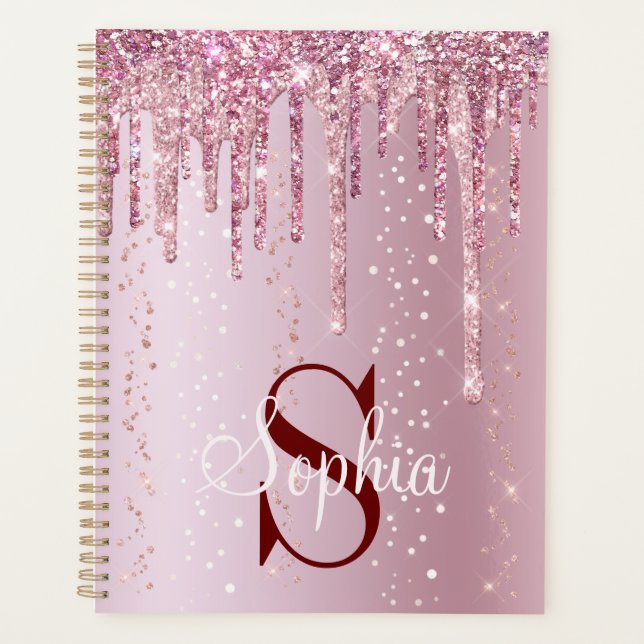 Monogram Rose Gold Dripping Glitter Sparkles Planner (Front)