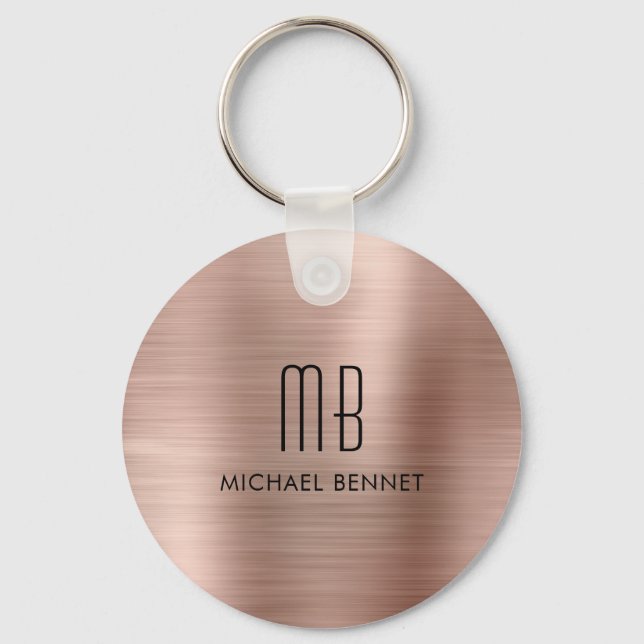 Monogram Rose Gold Faux Brushed Metal Key Ring (Front)