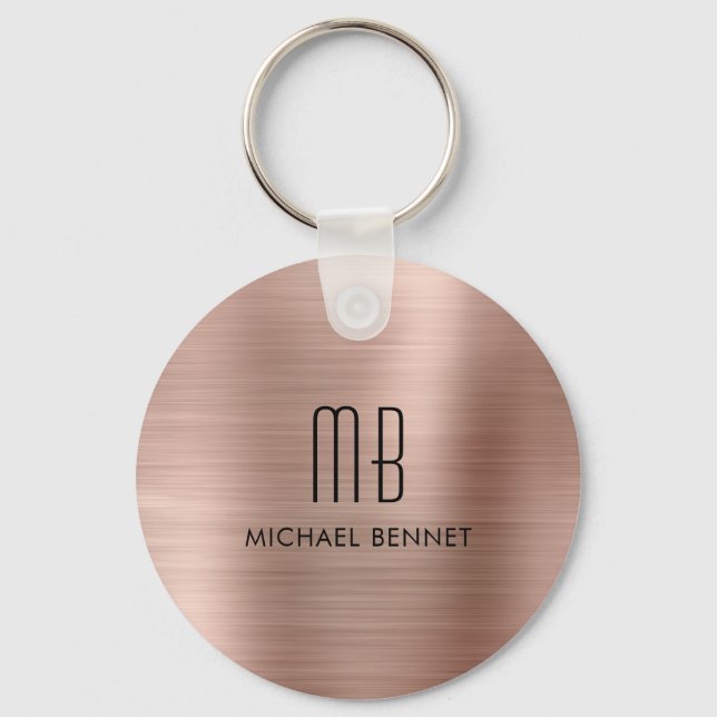 Monogram Rose Gold Faux Brushed Metal Key Ring (Front)