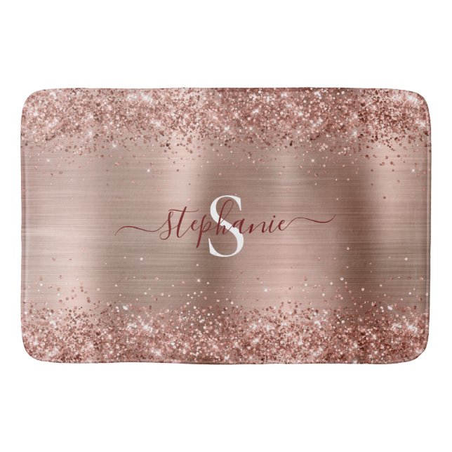 Monogram Rose Gold Faux-Glitter Girly Glam Bath Mat (Front)