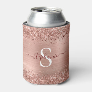 Monogram Rose Gold Faux-Glitter Girly Glam Can Cooler