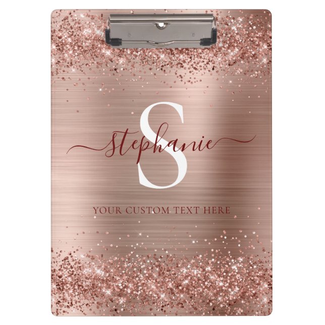 Monogram Rose Gold Faux-Glitter Girly Glam Clipboard (Front)
