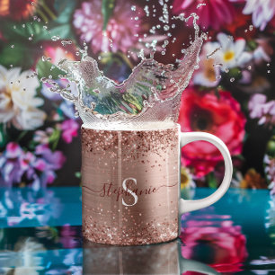 Monogram Rose Gold Faux-Glitter Girly Glam Coffee Mug
