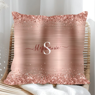 Monogram Rose Gold Faux-Glitter Girly Glam Cushion