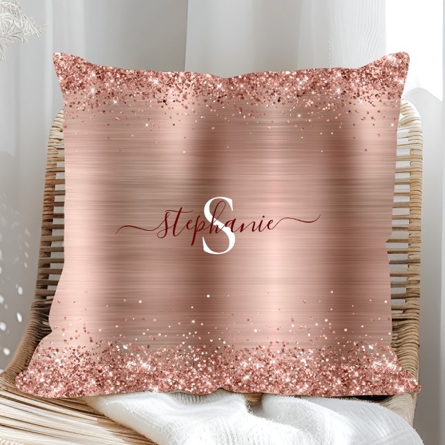 Monogram Rose Gold Faux-Glitter Girly Glam Cushion (Monogram Rose Gold Glitter Girly Glam Throw Pillow)