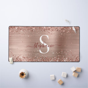 Monogram Rose Gold Faux-Glitter Girly Glam Desk Mat