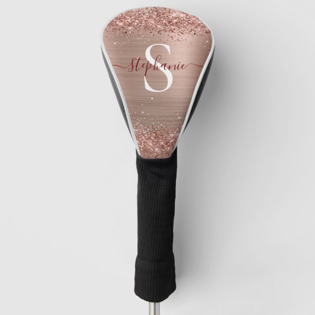 Monogram Rose Gold Faux-Glitter Girly Glam Golf Head Cover (Front)