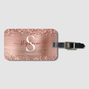 Monogram Rose Gold Faux-Glitter Girly Glam Luggage Tag