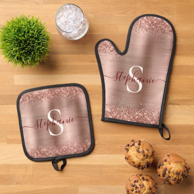 Monogram Rose Gold Faux-Glitter Girly Glam Oven Mitt & Pot Holder Set (Top Down)