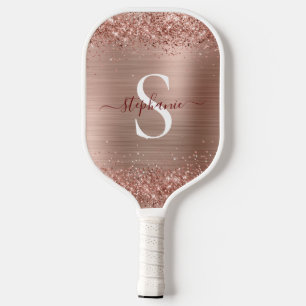 Monogram Rose Gold Faux-Glitter Girly Glam Pickleball Paddle