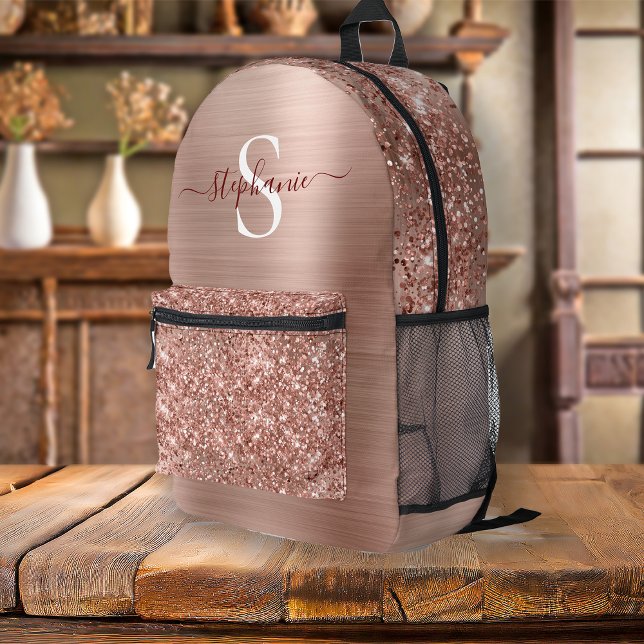 Monogram Rose Gold Faux-Glitter Girly Glam Printed Backpack (Monogram Rose Gold Glitter Girly Glam Printed Backpack)