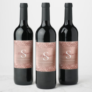 Monogram Rose Gold Faux-Glitter Girly Glam Wine Label