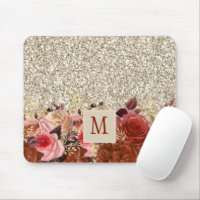Monogram Rose Gold Flowers Light Gold Glitter