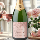 Monogram Rose Gold Glitter 90th Birthday Script Sparkling Wine Label<br><div class="desc">Modern Elegant Sparkle Rose gold glitter metallic Personalised Monogram Name 90th (or ANY AGE) Birthday Party Wine Label. This Adult Girly feminine NINETY (NINETIETH) Birhday party design featuring a Monogram Name in a stylish handwritten calligraphy script and date and age on blush pink or rose gold faux brushed metallic foil...</div>