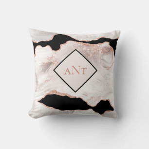 Monogram Rose Gold Glitter Agate Black White Swirl Cushion