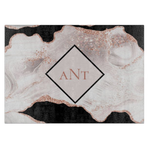 Monogram Rose Gold Glitter Agate Black White Swirl Cutting Board