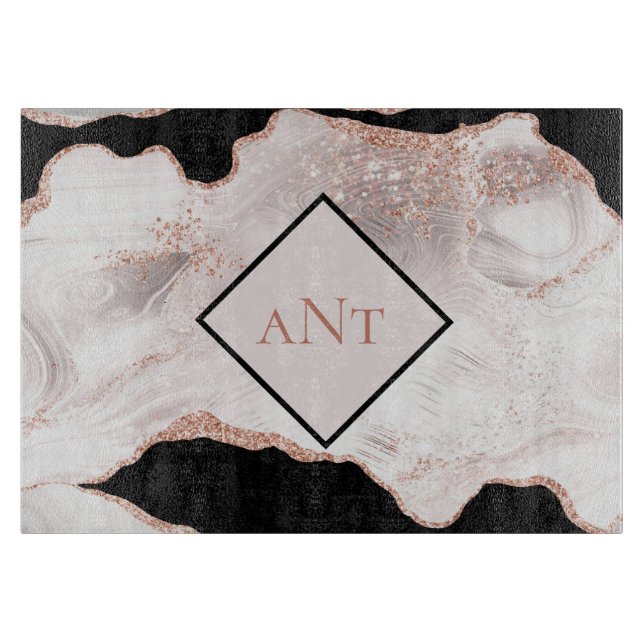 Monogram Rose Gold Glitter Agate Black White Swirl Cutting Board (Front)