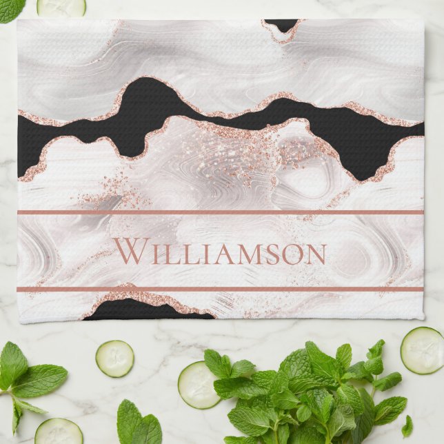 Monogram Rose Gold Glitter Agate Black White Swirl Tea Towel (Folded)