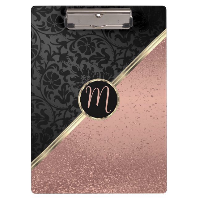 Monogram Rose Gold Glitter and Black Damask Clipbo Clipboard (Front)