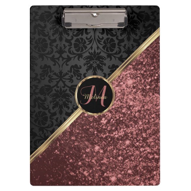 Monogram Rose Gold Glitter and Black Damask Clipboard (Front)