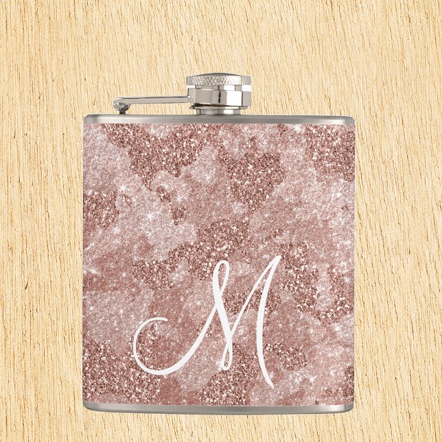 Monogram Rose Gold Glitter Camouflage camo Hip Flask (Creator Uploaded)