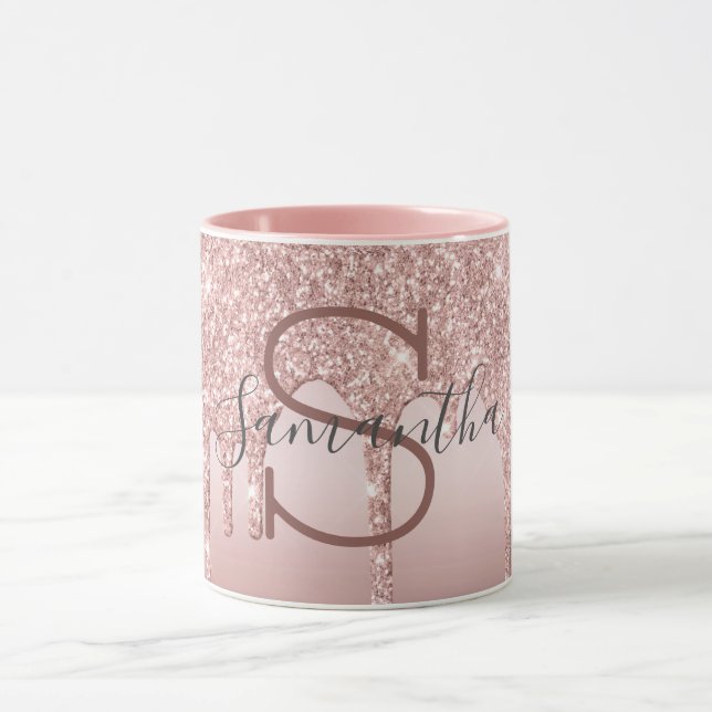 Monogram Rose Gold Glitter Drip Blush Pink Trendy Mug (Center)