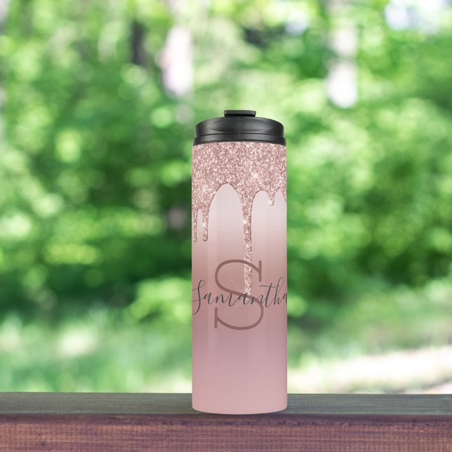 Monogram Rose Gold Glitter Drip Blush Pink Trendy  Thermal Tumbler (Monogrammed Name Initials Rose Gold Dripping Glitter Thermal Tumbler)