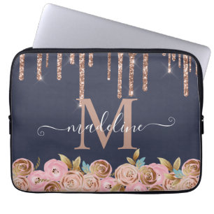 Monogram Rose Gold Glitter Drip Girly Glam Laptop Sleeve