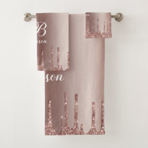 Monogram Rose Gold Glitter Drips  Bath Towel Set