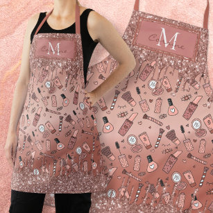 Monogram Rose Gold Glitter Drips Cosmetic Doodles Apron