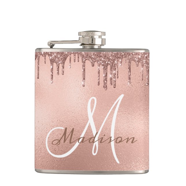 Monogram Rose Gold Glitter Drips Girly Hip Flask (Front)