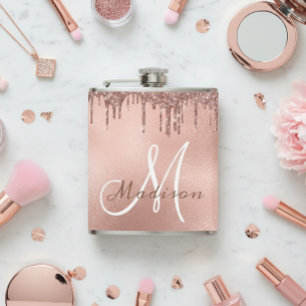 Monogram Rose Gold Glitter Drips Girly Hip Flask