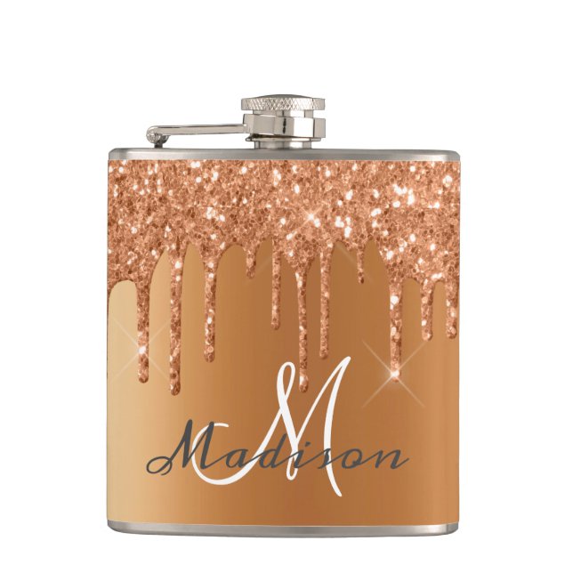 Monogram Rose Gold Glitter Drips Girly Sparkle Fla Hip Flask (Front)