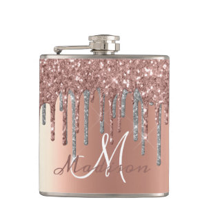 Monogram Rose Gold Glitter Drips Girly Sparkle Fla Hip Flask