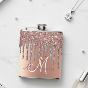 Monogram Rose Gold Glitter Drips Girly Sparkle Fla Hip Flask