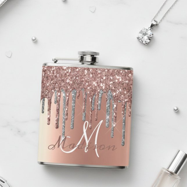 Monogram Rose Gold Glitter Drips Girly Sparkle Fla Hip Flask (Creator Uploaded)