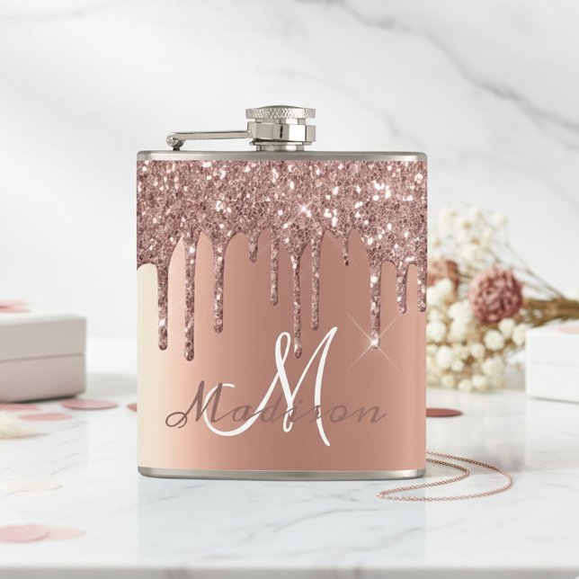Monogram Rose Gold Glitter Drips Girly Sparkle Hip Flask (Creator Uploaded)
