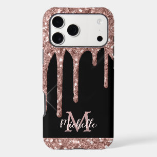 Monogram Rose Gold Glitter Drips on Black Monogram