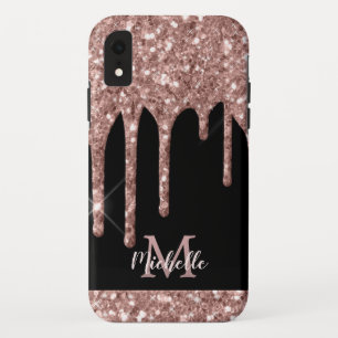 Monogram Rose Gold Glitter Drips on Black Monogram iPhone XR Case
