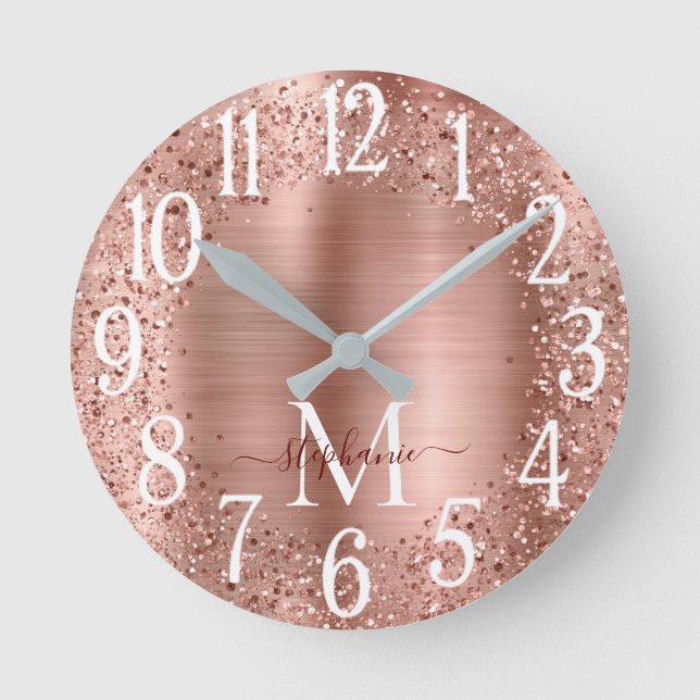 Monogram Rose Gold Glitter Girly Glam Round Clock (Front)