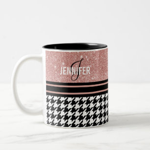 Monogram rose gold glitter houndstooth custom name Two-Tone coffee mug