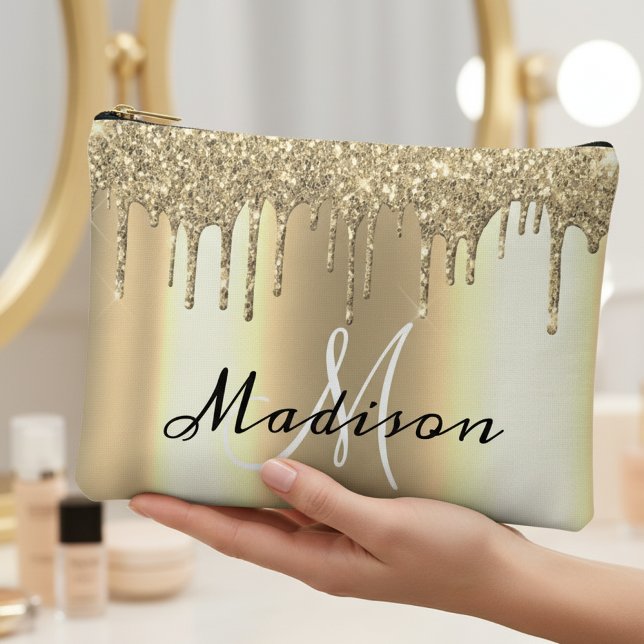 Monogram Rose Gold Glitter Look Drips Girly  Accessory Pouch (Creator Uploaded)