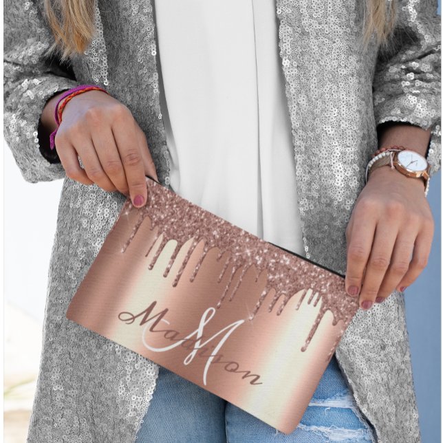 Monogram Rose Gold Glitter Look Drips Girly  Accessory Pouch (Creator Uploaded)