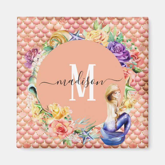 Monogram Rose Gold Glitter Mermaid Scales Fun Magn Magnet (Front)