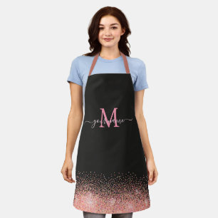 Monogram Rose Gold Glitter Sparkles and Black Name Apron