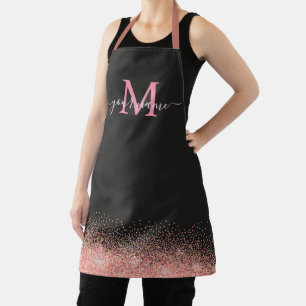 Monogram Rose Gold Glitter Sparkles and Black Name Apron