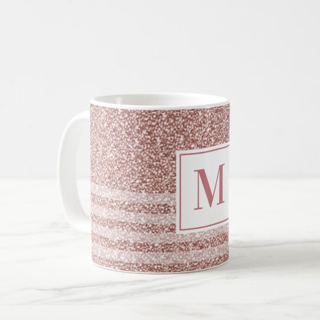 Monogram Rose Gold Glitter Stripe Pattern Coffee Mug (Front Left)