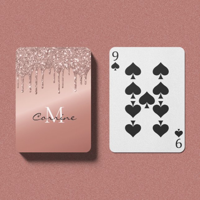 Monogram Rose Gold Metallic Dripping Glitter Playing Cards (Creator Uploaded)